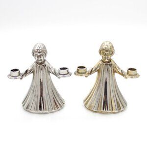 (2) Vintage 3.25" Metal Angel Candle Holders - Made In Italy